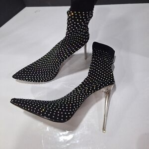 Lemonade- Black Rhinestone Sock Stiletto Heels- Women 10